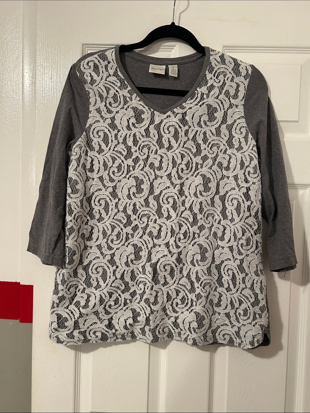 Gray Lace-Front V-Neck Tunic Top - Zenergy by Chicos